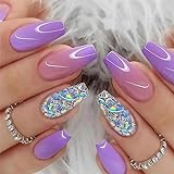 24pcs Medium Coffin False Nails Purple Gradient Stick on Nails Glitter Silver Press on Nails...