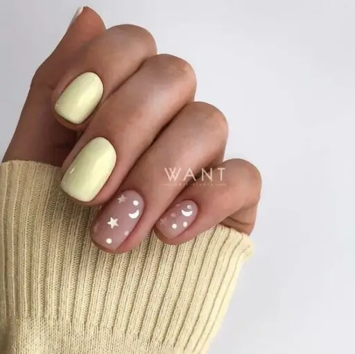 Short nail design ideas for a trendy manicure: Yellow With Stars & Moons