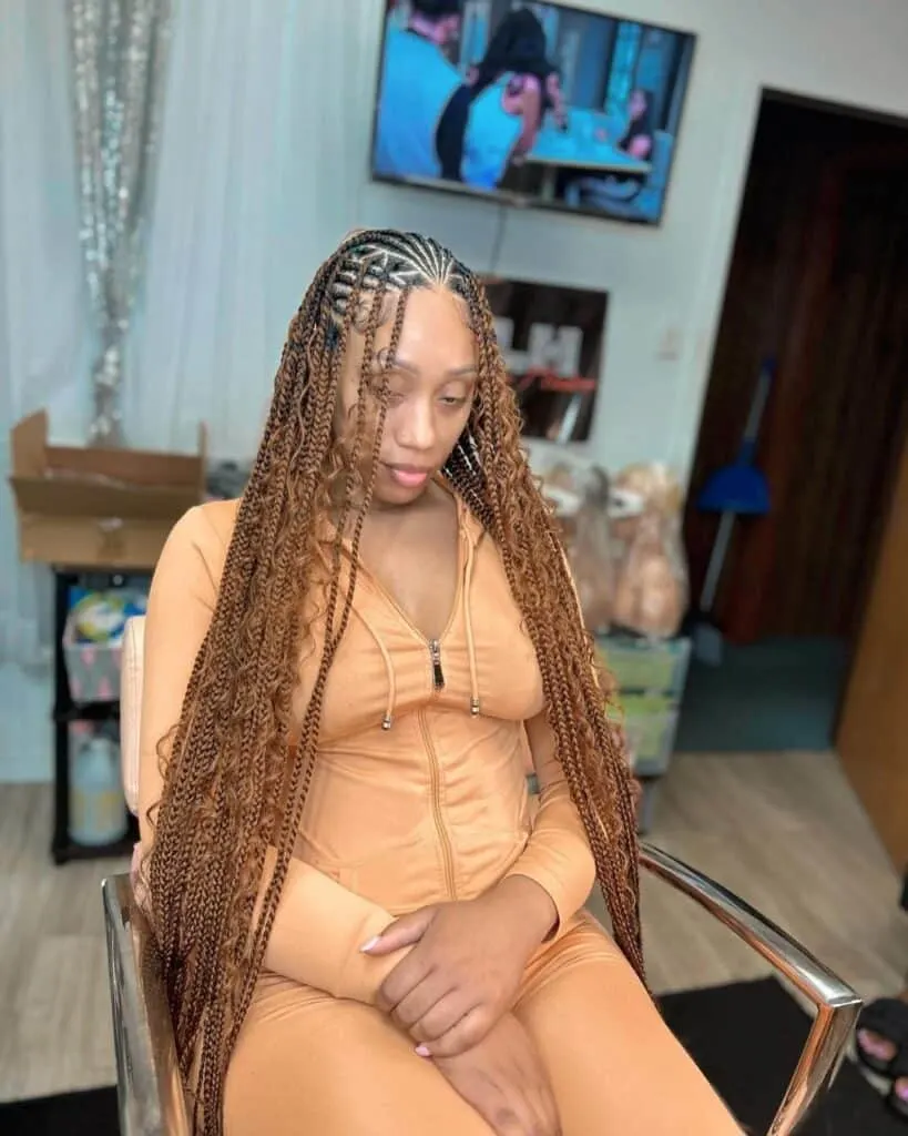 brown long boho flip over Fulani braids