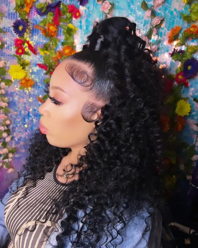 high barbie ponytail on curly hair 