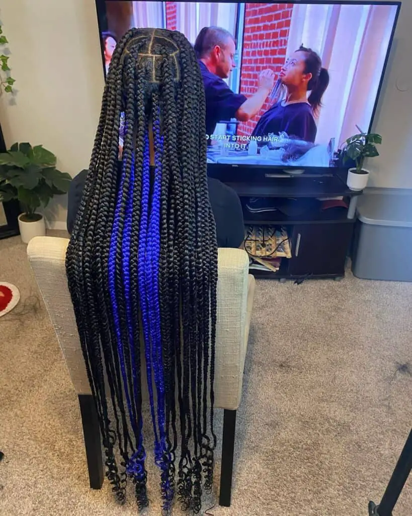 blue peekaboo knotless braids with curly ends