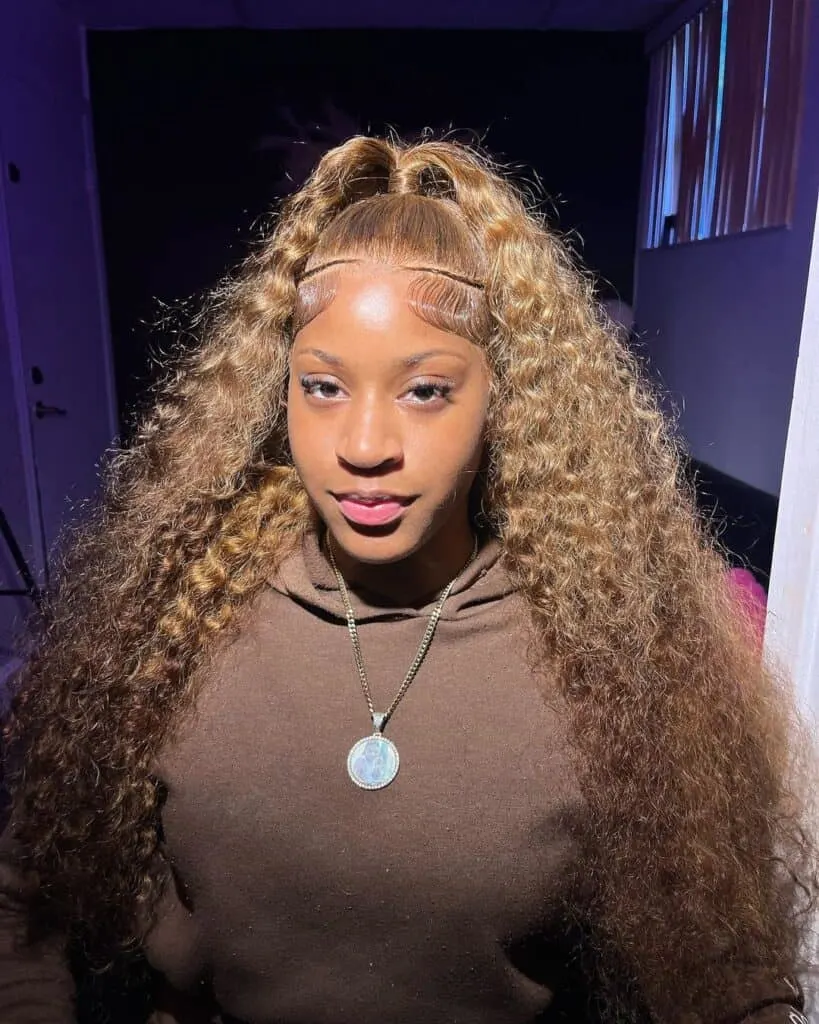 caramel barbie ponytail on a curly hair wig 