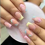 24pcs French Tip False Nails Short Square Stick on Nails Pink Yellow Press on Nails Flower Patterns...