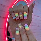 24pcs Square False Nails Short Stick on Nails Rainbow Colored Press on Nails with Hearts Removable...