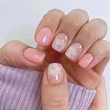 24pcs Short Round False Nails Pink Stick on Nails Glitter Gold White Flower Press on Nails Removable...