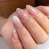 24pcs Short Oval False Nails Pink Glitter Stick on Nails Press on Nails with Rhinestone Removable...