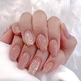 24pcs Short Coffin False Nails, Pink Stick on Nails Glitter Gold Press Nails Ballerina Fake Nails...