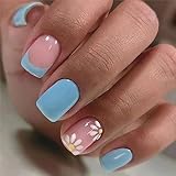 24pcs French Tip False Nails Short Blue Stick on Nails Square Press on Nails with Flower Patterns...