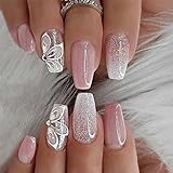 Sethexy Pink Glitter False Nails Short Ballerina Fake Nails Glossy Flower Press on Nails 24Pcs...