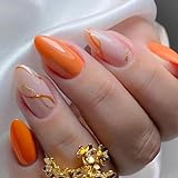 24Pcs Press on Nails Medium Almond False Nails Orange Glitter Fake Nails with Gold Lines Design...