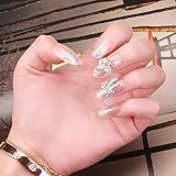 Crown Press on Nails,24 PCS Bling Silver Glitter False Nails Oval Fake Nails with Bow-knot Design...