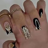 24Pcs Press on Nails Medium Length Square French False Nails Black Gold Glitter Elegant Fake Nails...