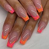 RUNRAYAY 24Pcs Orange Press on Nails Medium, French Tips Fake Nails, False Nails Glue on Nails for...