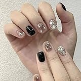 Black Glossy Fake Nails Silver Glitter Fake Nails Rhinestone False Nails Star Fake Nails Full Cover...