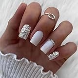 24pcs Square False Nails White Press on Nails Glitter Silver Stick on Nails Removable Glue-on Nails...