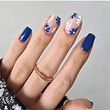 24pcs Square False Nails Short Blue Stick on Nails Flower Press on Nails Removable Glue-on Nails...