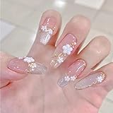 RUNRAYAY Flower Press on Nails with Sequins Design, Fake Nails Golden Lines for Spring Summer, Nude...