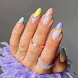 24pcs Short Almond False Nails Multicolor Stick on Nails Press on Nails Removable Glue-on Nails Full...