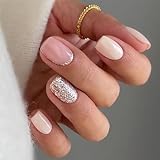 24pcs Short Square False Nails French Tip, Glitter Gold Stick on Nails Nude Press on Nails Removable...