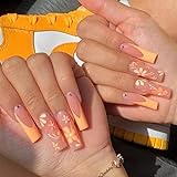 JUSTOTRY 24 Pcs Floral Fake Nails Long,Pale Orange French Press on Nails with Diamonds Patterns,...