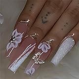 24pcs Long Coffin False Nails, Glitter Silver Stick on Nails Pink Press on Nails with Rhinestone...