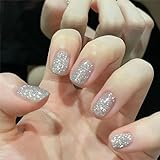 24pcs Short False Nails Glitter Silver Stick on Nails Press on Nails Fake Nails Removable Glue-on...