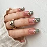 24pcs Long Coffin False Nails French Green Tip Stick on Nails Flower Press on Nails Medium Length...