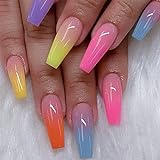 24pcs Long Coffin False Nails Multicolor Stick on Nails Gradient Press on Nails Removable Glue-on...