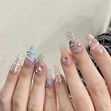 24pcs Long Coffin False Nails, Glitter Pink Stick on Nails Ballerina Press on Nails Star Rhinestone...