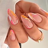 Almond French False Nails Short - 24 PCS Fake Nails with Glue - Pink Orange Glitter Gold Lines Fake...