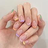 24 Pcs False Nails Short - Square Press on Nails French Pattern - Fake Nails Short with Nail Glue -...