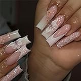 24pcs Long Coffin False Nails French Tip Stick on Nails Glitter Pink Press on Nails Flower Pattern...