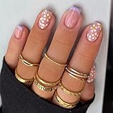 24pcs French Tip False Nails Short Stick on Nails Square Press on Nails Daisy Flower Removable...