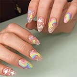 24pcs Short Almond False Nails Rainbow Colored Stick on Nails Star Press on Nails Removable Glue-on...