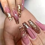 JUSTOTRY 24 Pcs Glitter Fake Nails Long,Gold French Press on Nails Patterns, Beautiful Pink...