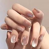 QYLPZ 24 Pcs Fingernails Kit False Nails Short Press on False Nails Tips Glitter Cat eye Fake Nails...