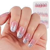 24 pcs False Nails Short Round Glitter Pink Star Press on Nails Fake Nails with Double-Side Stick on...