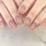 24pcs Short Oval False Nails French Gold Tip Stick on Nails Glitter Nude Pink Press on Nails...