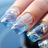 24Pcs Press on Nails Medium Length Square Blue Tips False Nails Elegant French Fake Nails with Gold...