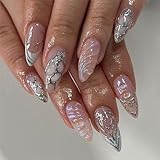 24pcs Medium Almond False Nails French White Tip Stick on Nails Nude Glitter Pink Press on Nails...