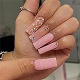 24pcs Long Coffin False Nails Glitter Pink Stick on Nails Heart Press on Nails Rhinestones Glue-on...