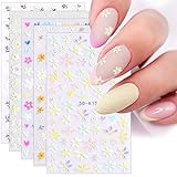 3D Embossed Spring Flowers Nail Art Stickers Decals 5 Sheets 5D Self-Adhesive Colorful Blossom...