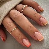 False Nails Short - Square Short Stick on Nails - Yellow Orange Tips False Nails with Glue - Natural...