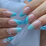 24pcs French Tip False Nails Almond Stick on Nails Glitter Blue Press on Nails with Rhinestones...