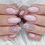 24pcs French Tip False Nails Short Oval Stick on Nails Glitter Pink Press on Nails Removable Glue-on...