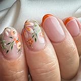 24Pcs Press on Nails Short Almond, French Tips False Nails Orange Flowers Glue on Nails with Elegant...