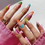 JUSTOTRY 24 Pcs Iridescent Oval False Nails Short, Colourful French Press on Nails Pattern, Fake...