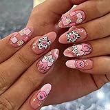 24 Pcs Pink False Nails - Colourful French Press on Nails - Fake Nails False Nails with Glue - Oval...