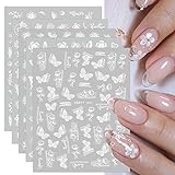 JMEOWIO 12 Sheets Spring White Flower Nail Art Stickers Decals Self-Adhesive Summer Butterfly Leaf...