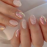 24pcs Short Oval False Nails Aurora Stick on Nails Glitter Pink Press on Nails Removable Glue-on...